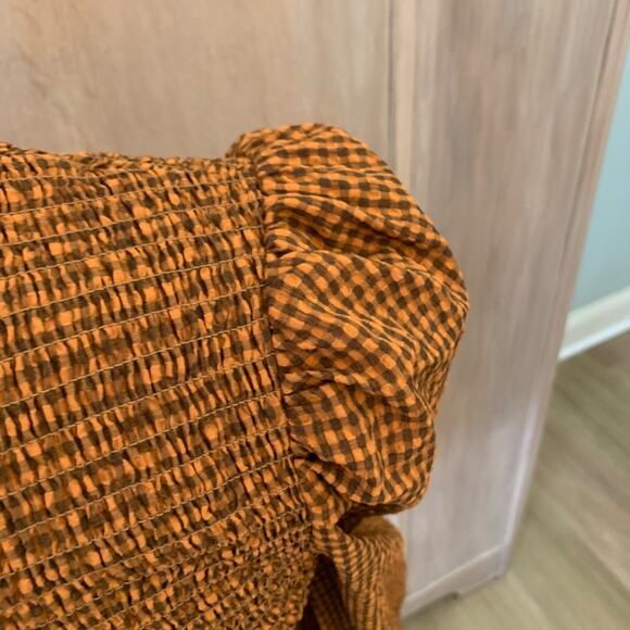 Scotch & Soda Smocked High Neck Top brown check gingham puff sleeve blouse FallS - Picture 14 of 15